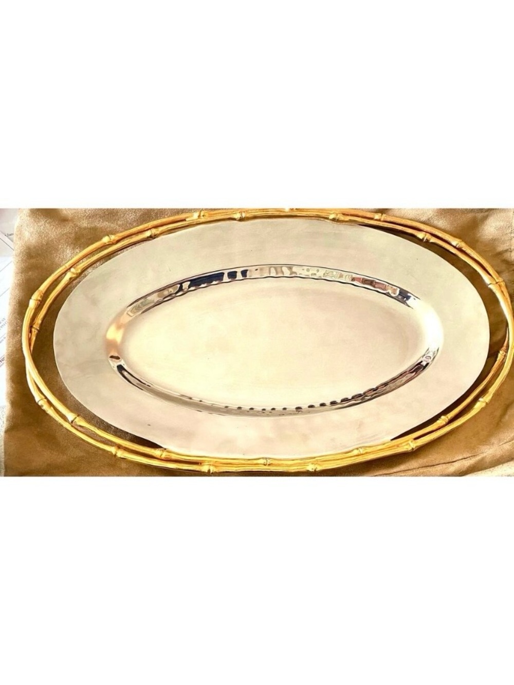 Vintage L'Objet Bambou 24K Gold Trim Stainless Steel Serving Butler Tray NIB